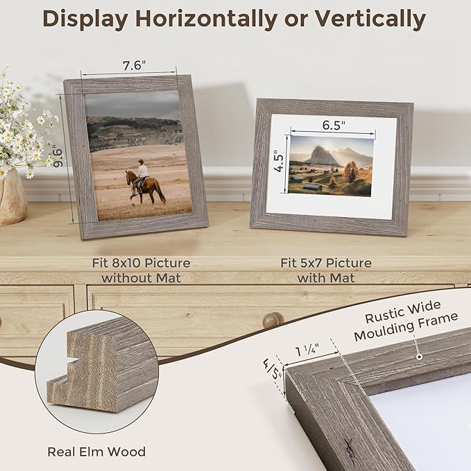 Fun Memories Picture Frame 8x10 - Real Tempered Glass, Solid Wood Photo Frame, Display 5x7 With Mat or Without Mat, Rustic Frame for Wall or Tabletop, Grey, 1 Pack