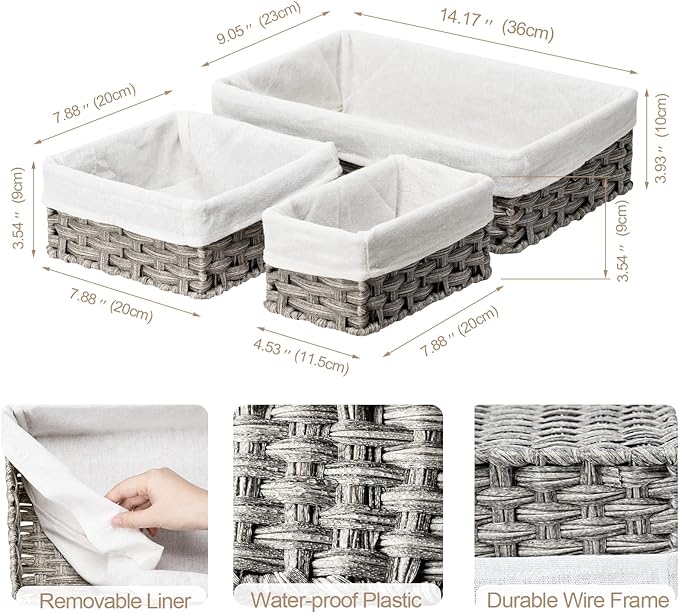 FairyHaus Wicker Baskets for Organizing 3 Pack, Waterproof Small Wicker Storage Basket for Shelves Rectangle, Nesting Lined Grey Plastic Woven Basket