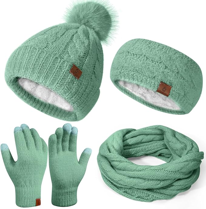 Womens Beanie Hat Infinity Scarf Touchscreen Gloves Fleece Headband 4 in 1 Winter Clothes Set Gifts for Women
