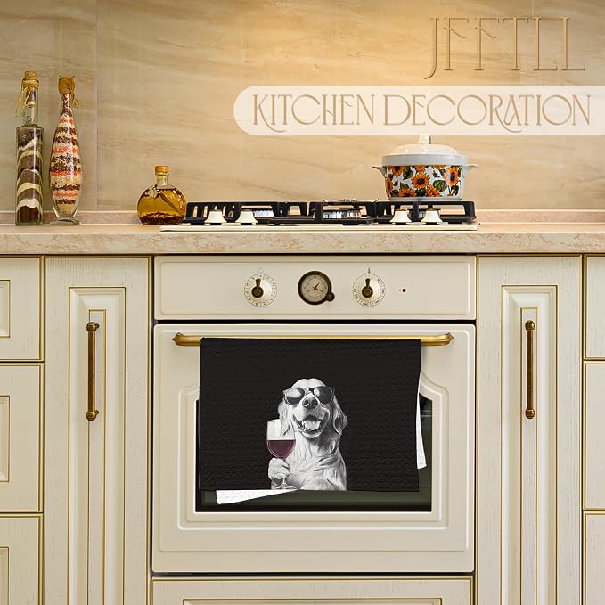 Golden Retriever Decor Kitchen Towels, Golden Retriever Gift Dish Tea Towel for Kitchen Decor, Bar Towels for Bartender, Wine Lover Gifts, 16x24 Inch (Black)