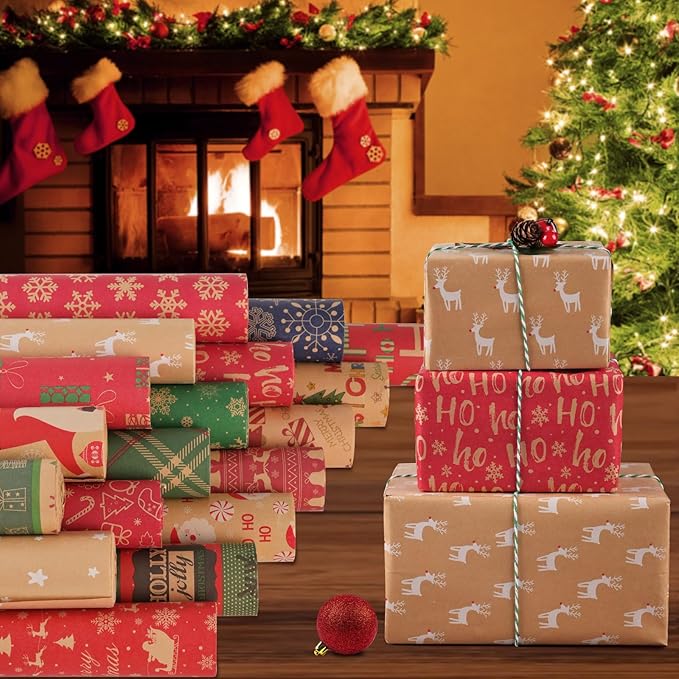 AhfuLife 2 Rolls Christmas Wrapping Paper - 17 Inch × 49.2 Feet Per Roll, Recyclable Red Brown Kraft Xmas Wrapping Paper Roll for Kids Christmas Gift Box Birthday Party Decoration -138 sq. ft. ttl