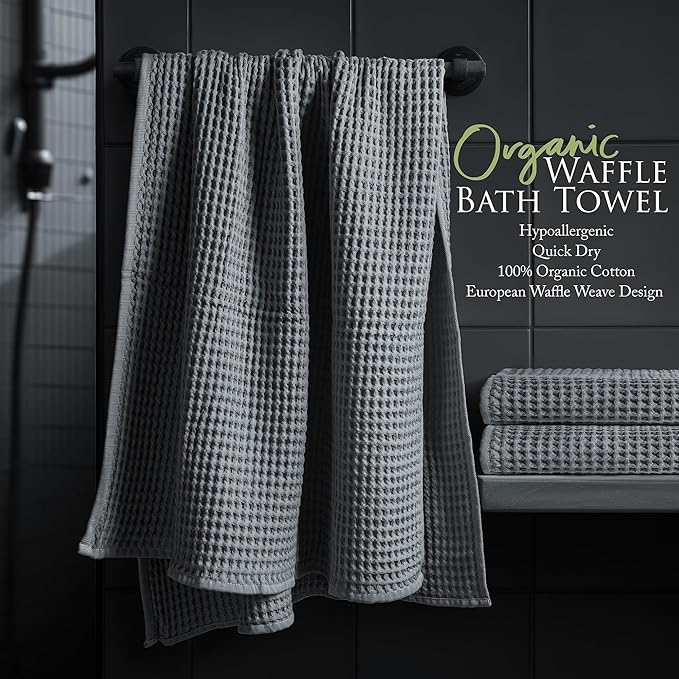 Softerry European Waffle Weave Bath Towel Set - 100% Organic Cotton - Quick Dry Lint Free Thin and Absorbent - Fade Resistant - Eco-Friendly (Set of 8, Space Gray)