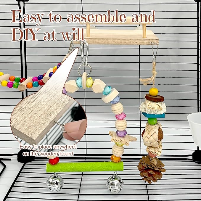 5-in-1 Parakeet Toys Set: Detachable Bird Playground with Wooden Perch, Swing, Ladder, & Platform Cage Accessories for Cockatiel, Conure, Lovebird, Budgie, Finch