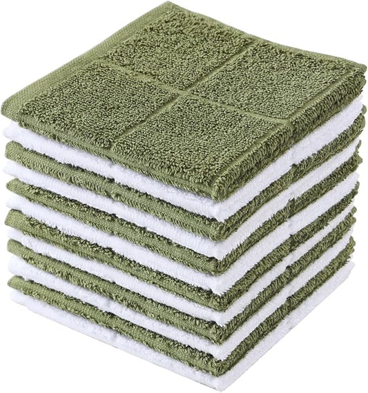 Glynniss Dishcloths Kitchen Highly Absorbent Dish Rags 100% Cotton Dish Cloths for Washing Dishes, Cleaning (Green White, 11x11)