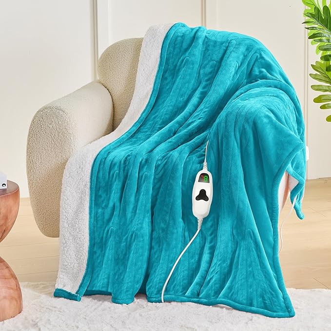 greenoak Heated Blanket Electric Twin 62"X84", Heating Blanket with 10 Heat Levels 1/2/4/6/8 Hours Auto-Off, Soft Flannel Sherpa Warm Heater Christmas Blanket,Aqua Green