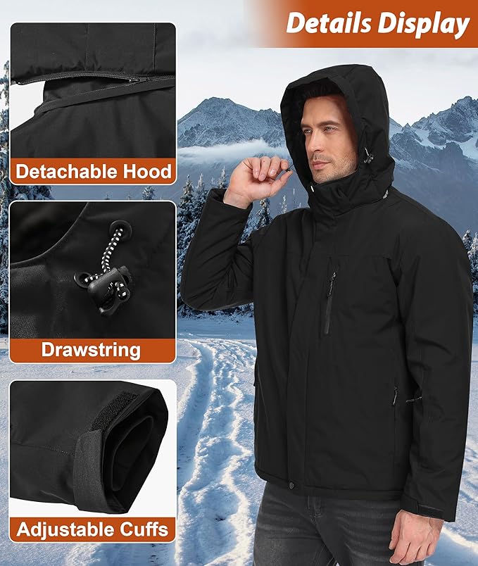 Mens Winter Snow Jacket Waterproof Ski Jackets Snowboard Rain Warm Coat Insulated Hood Fleece Lined