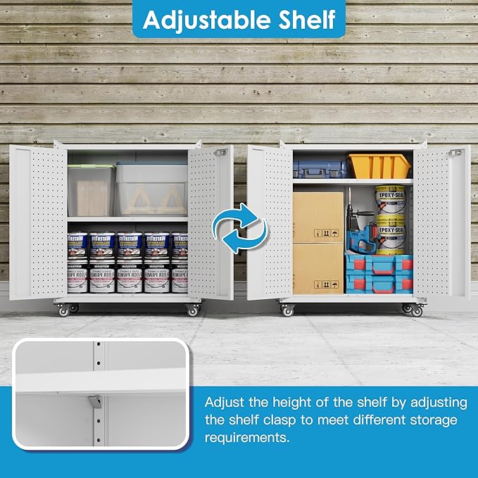 Steel Garage Storage Cabinet with Wheels and 2 Lockable Doors, Metal Storage Cabinet with Pegboard and Hooks for Garage,Home,Warehouse,Assembly Required,White,13.8" D x 26" W x 31.5" H