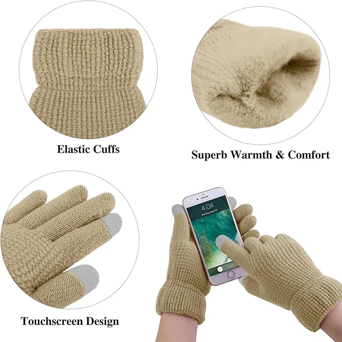Aneco Womens Winter Warm Sets Knitted Fur Pompoms Beanie Hat Circle Loop Scarf Touch Screen Gloves Winter Favor Accessories