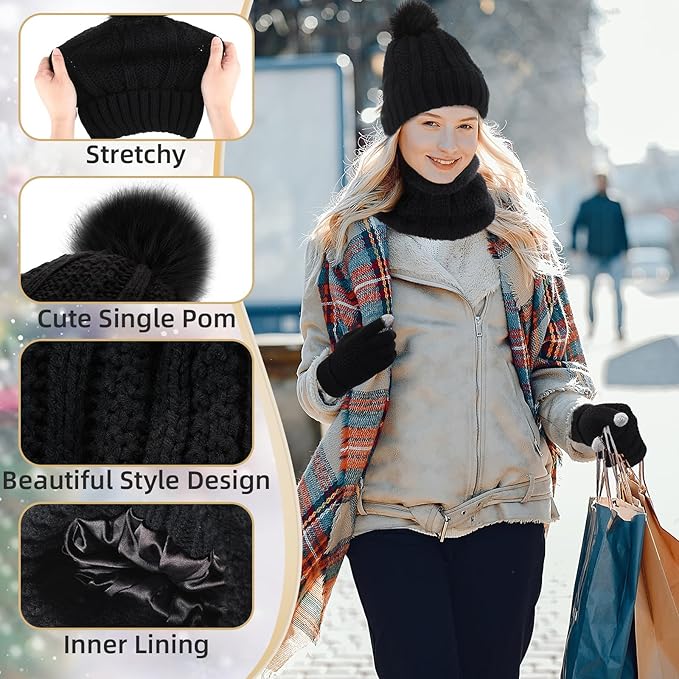 SATINIOR 5 Pcs Winter Satin Lined Hat Scarf Gloves Set Knit Pompom Beanie Warm Touchscreen Glove Earmuff Ear Warmer for Women