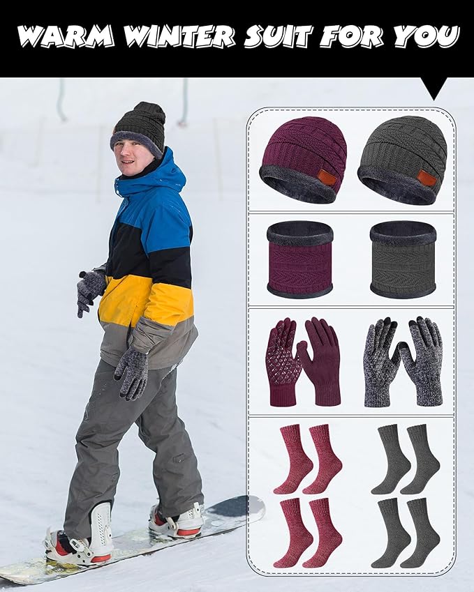 10 Pieces Winter Hat Beanie Scarf Touch Screen Gloves and Sock Set Slouchy Knit Skull Cap Beanies Fleece Lining Neck Warmer