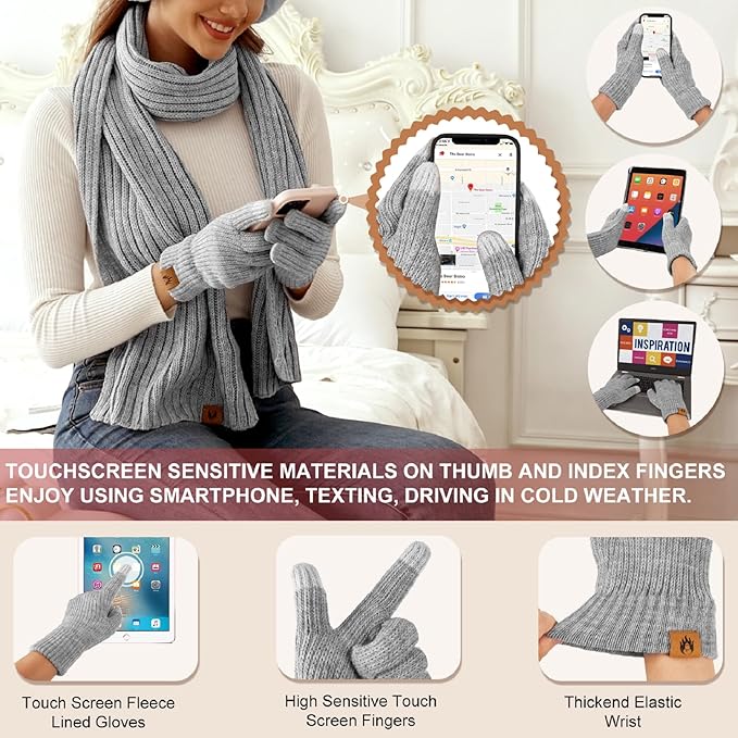 HEEKPEK Winter Beanie Hats Scarf Gloves Ear Muffs Fuzzy Socks 5pcs Set for Women Cold Weather Beanies Touch Screen Gloves