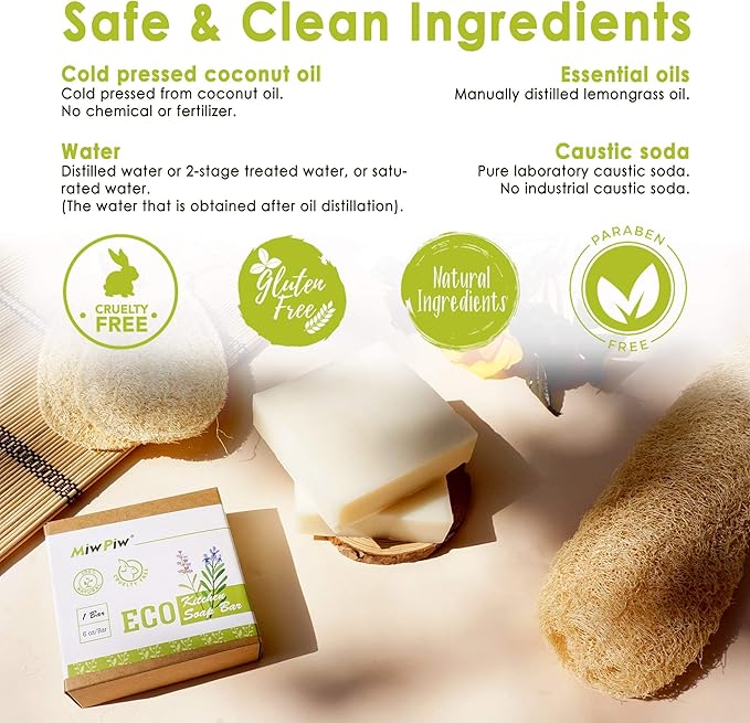 Vegan Dish Soap Bar - Large 6 Ounce - Lather Clean Safe Ingredients- Plastic Free Palm Oil Free - Zero Waste Eco Friendly Kitchen Dishwashing Solid Soap