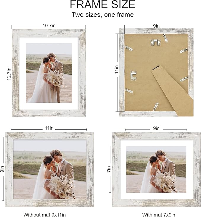 9x11 Picture Frame Set of 4, Made of Real Glass and Distressed White Frame - Display Picture 7x9 with Mat or 9x11 Without Mat, 9 by 11 Photo for Wall or Tabletop