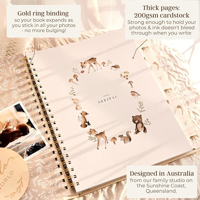 Peachly Unisex Baby Memory Book | Minimalist First Year Baby Book Keepsake for Milestones | Baby Scrapbook for Boy or Girl | Natural Linen - Forest