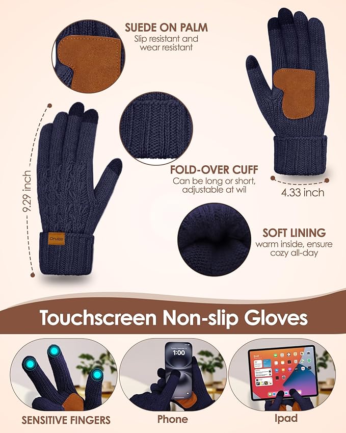 Womens Winter Beanie Hat Scarf Gloves Set, Fleece Lined Knitted Hat with Pompom Long Scarf Touchscreen Mittens for Women Men