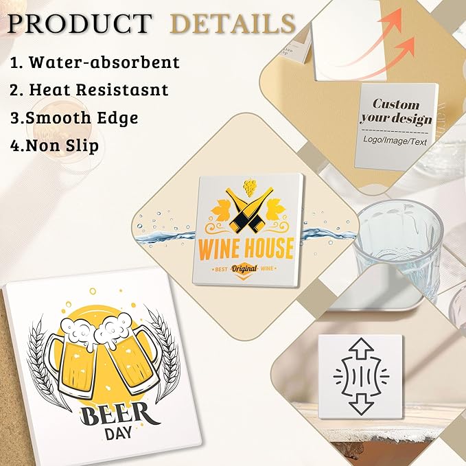 Custom Coasters, Personalized Ceramic Drink Coasters with Photo, Text or Logo – 4 Inch Square Absorbent Coaster with Cork Bottom & Holder – Gift for Home, Wedding, Bar, Coffee (Square Version)