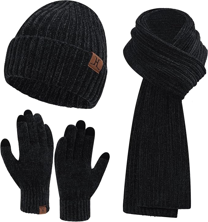 Womens Winter Knit Warm Hat Beanie Long Scarf Touch Screen Gloves Set Skull Caps Neck Scarves for Women