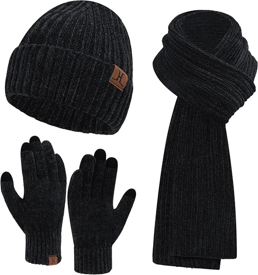 Womens Winter Knit Warm Hat Beanie Long Scarf Touch Screen Gloves Set Skull Caps Neck Scarves for Women