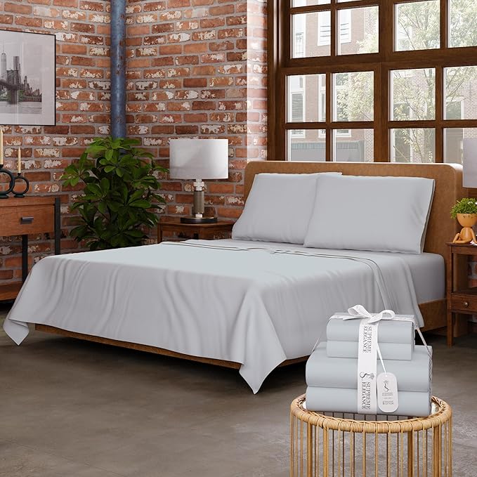 Soft Silver Organic 100% Cotton Full Bed Sheets – Ultra Light, Breathable, Cool & Crisp – Wicks Away Moisture, Deep Pocket, Fully Elasticized – 4 Piece Sheet Set, Fits up to 18” Mattress