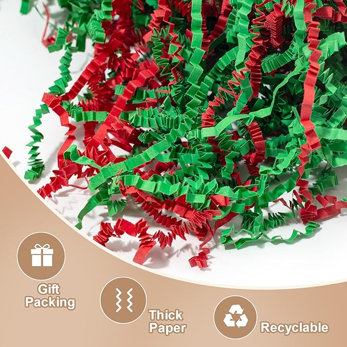 Wowxyz 2 LB Crinkle Cut Paper Shred Green & Red Crinkle Shredded Paper - Gift Box Baskets Bag Filler - Confetti Stuffing for Birthday, Holiday Gift Packaging Wrapping