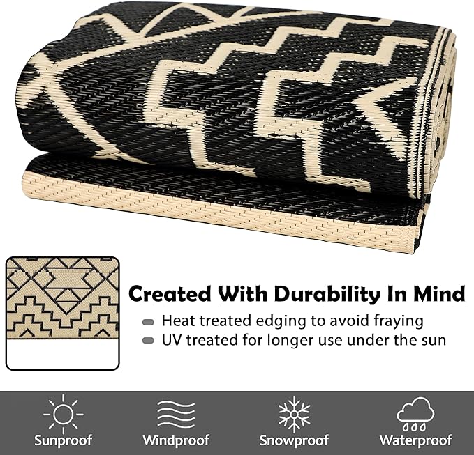 SAND MINE Reversible Mats, Plastic Straw Rug, Modern Area Rug, Large Floor Mat and Rug for Outdoors, RV, Patio, Backyard, Deck, Picnic, Beach, Trailer, Camping (5' x 8', Black & Beige)
