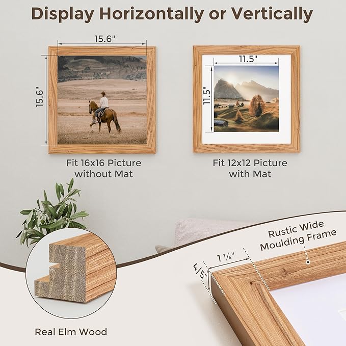Fun Memories 16x16 Picture Frame, Square Frames 16 x16-Tempered Glass, 16"x16" Wood Picture Frames for Wall, Display Pictures 12x12 with Mat or 16 x 16 Without Mat, Natural, 1 Pack