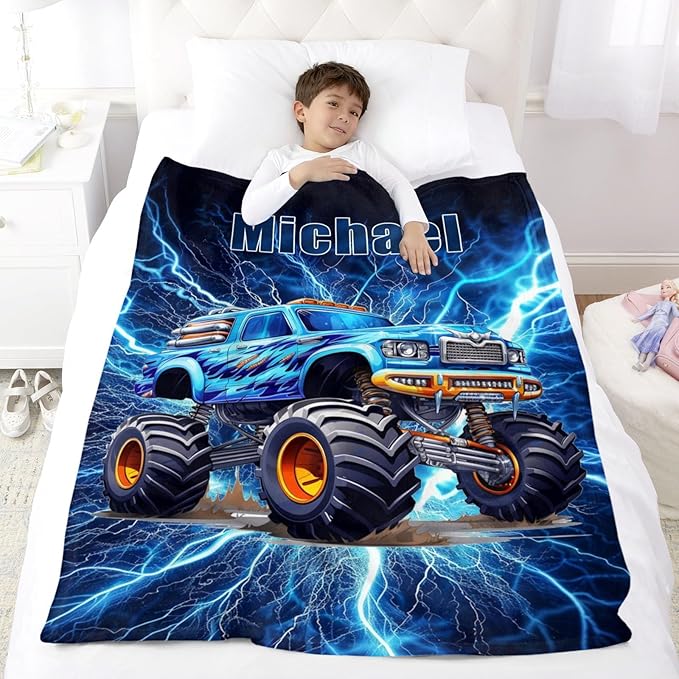 Custom Truck Baby Boy Blanket - Personalized Throw Blanket Gift for Boys Kids Teens Adults Birthday Christmas (Truck Design)
