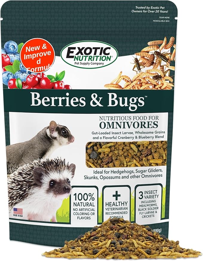 Berries & Bugs 1.5 lb - All Natural High Protein High Fiber Food for Hedgehogs, Skunks, Opossums, Sugar Gliders - Universal Insectivore Diet with Fruit, Gut-Loaded Insects, & Healthy Vitamins