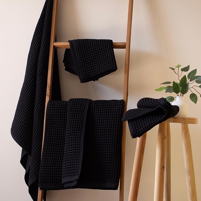 PÜSKÜL - Premium Waffle Towel Set 4 Pieces Black - Organic 100% Turkish Cotton Quick-Dry Towels for Bathroom Made in Turkiye (Black, Towel Set - 2 Hand & 2 Bath Towels)