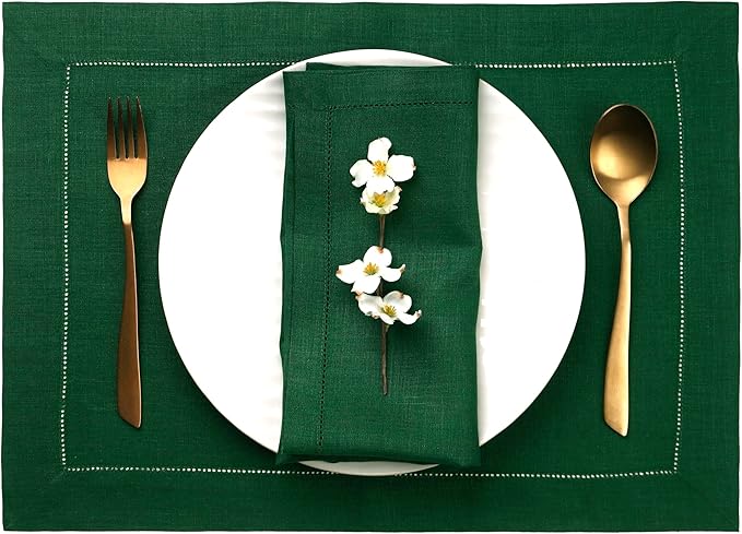 D'Moksha Homes Linen Placemats Set of 6 - Classic Hemstitch Forest Green Placemats 14 x 19 Inch - 100% Pure Linen Table Mats for Thanksgiving, Christmas, Holiday - Handcrafted and Machine Washable