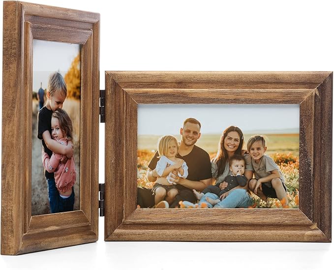 Vertical & Horizontal 4X6 Picture Frames Double Hinged Wood Folding Photo Frames with Real Glass Front Fit for Desktop or Tabletop, Wood Grain XZON-V46-H64