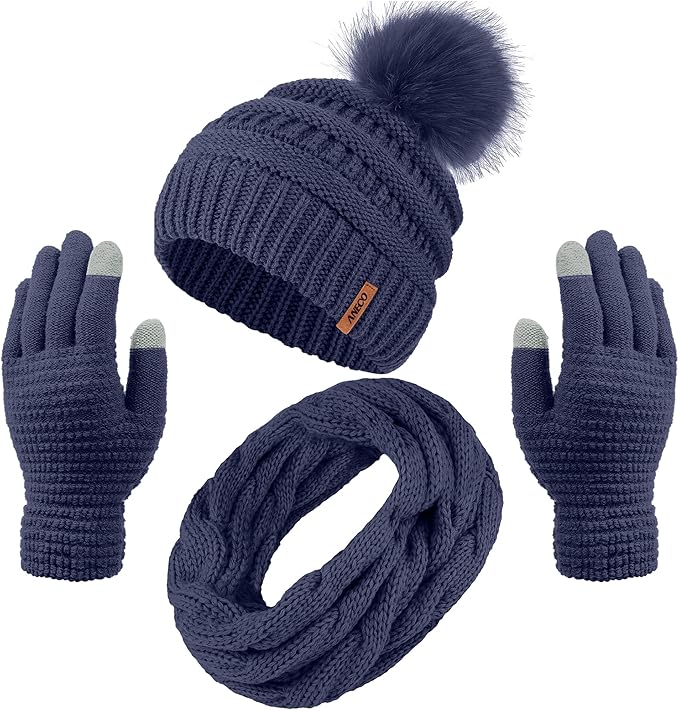 Aneco Womens Winter Warm Sets Knitted Fur Pompoms Beanie Hat Circle Loop Scarf Touch Screen Gloves Winter Favor Accessories