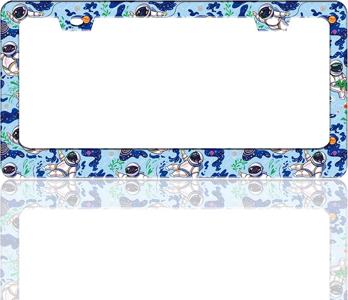 Astronaut Galaxy Planet License Plate Frame Stainless Steel 6.3 X 12.2 Inch | Fits US Standard With Screws Rust Resistant For Car Front Rear Decoration Accessories Easy Installation For Cars SUV Truck