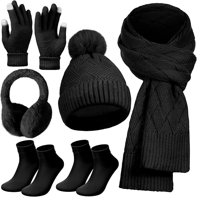 Geyoga 6 Pcs Winter Warm Set for Women Warm Beanies Hats Touchscreen Gloves Long Scarf Ear Muffs Socks Winter Gifts for Women