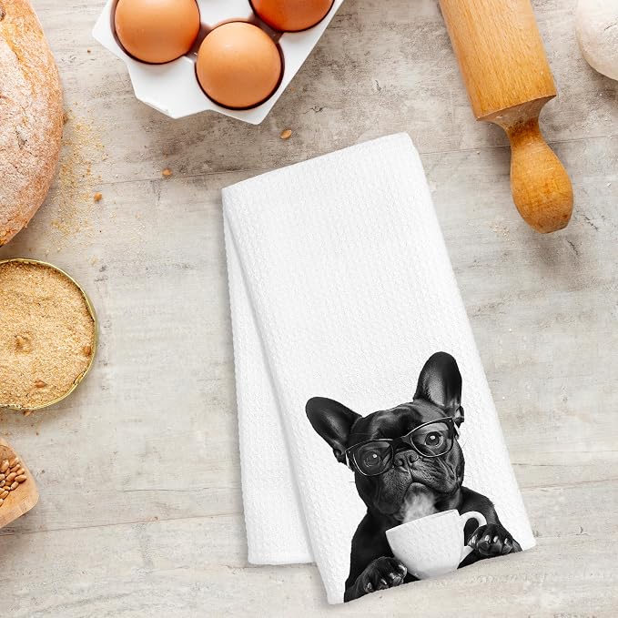 Funny French Bulldog Coffee Kitchen Towels, Frenchie Gifts for Women, Gifts for French Bulldog Lovers Decorative Dish Hand Tea Towels for Kitchen Coffee Bar Decor, 16x24 Inch