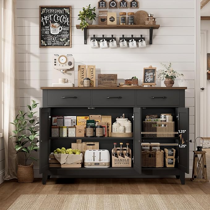 HORSTORS 47" Buffet Cabinet with Storage, Kitchen Buffet Table with Drawers, Modern Farmhouse Coffee Bar Storage Cabinet with Adjustable Shelf, Wood Sideboard for Dining Room, Kitchen, Entryway, Black