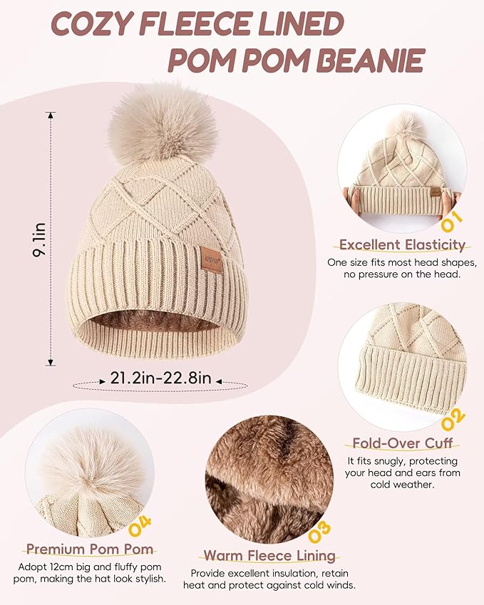 Womens Winter Hat Gloves Scarf Headband Set, Pom Pom Beanie Long Scarf Touchscreen Gloves Ear Warmer, 4 in 1 Warm Gift Set