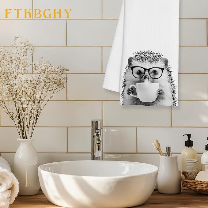 Funny Hedgehog Decor Coffee Kitchen Towels Gift, Hedgehog Gifts for Women, Coffee Gifts for Women, Animal Lover Gift Decorative Dish Hand Tea Towels for Kitchen Home Bar Decor, 16x24 Inch