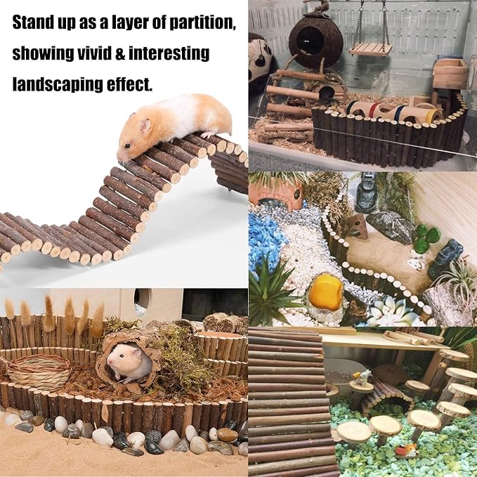PINVNBY 2PCS Bendy Hamster Suspension Bridges(21.8in and 8.7in) Flexible Hamster Climbing Ladder Natural Wooden Bridge Hamster Cage Accessories for Guinea Pig Dwarf Sugar Glider Rat Mouse Chinchillas