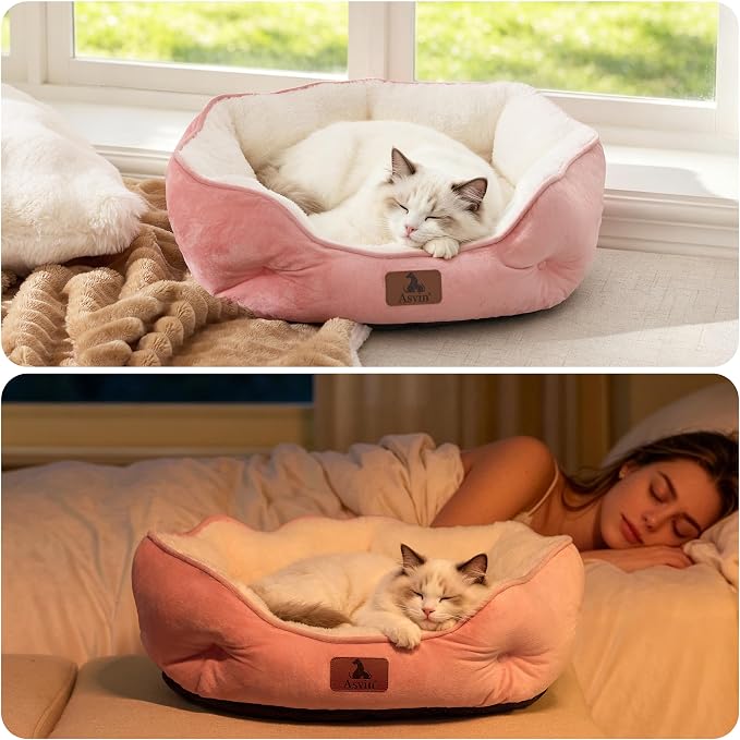 Asvin Small Dog Bed for Small Dogs, Cat Beds for Indoor Cats, Pet Bed for Puppy and Kitty, Extra Soft & Machine Washable with Anti-Slip & Water-Resistant Oxford Bottom, Pink, 20 inches