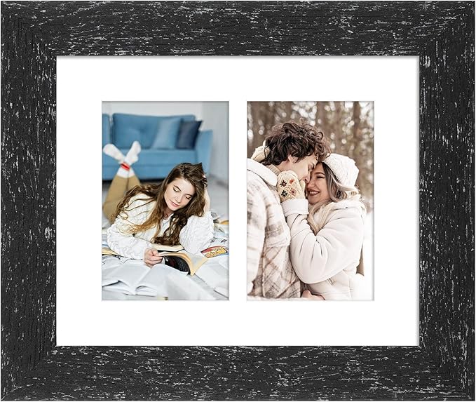 8x10 Picture Frame Display Double 4X6 Picture Frame Collage,Multi Photo Frame with Mat,Plexiglass,Wall or Tabletop Decor,Black Wood Grain