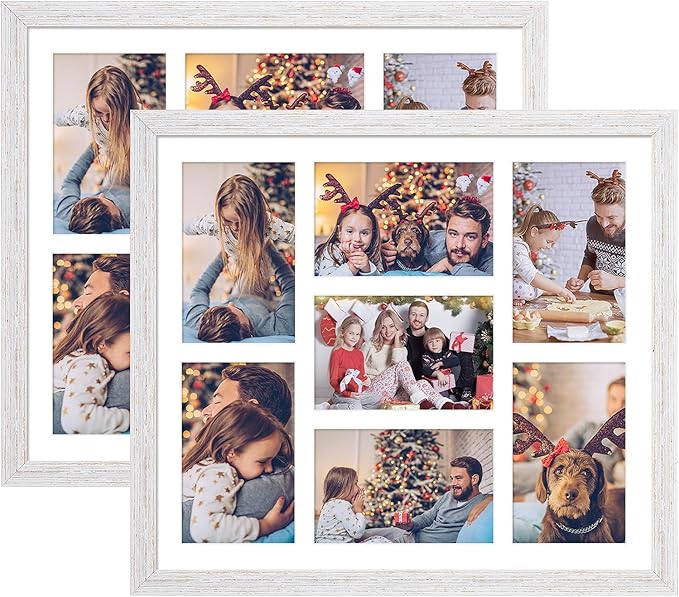 13.5x15.5 Collage Frame with 7 Openings 4X6 Pictures, Multiple Picture Frame with Mat, Wall or Tabletop Decor, White Wood Grain,2 Pack