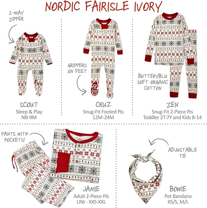 JAMIE Matching Family Jammies Holiday Pajamas 100% Organic Cotton PJs Adults, Kids, Toddlers, Baby, Pets
