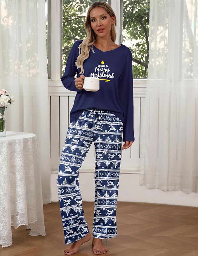 Ekouaer Womens 2 Pack Pajama Set Long Sleeve Pajamas Top and Pants V Neck Pjs Set Soft Loungewear with Pockets