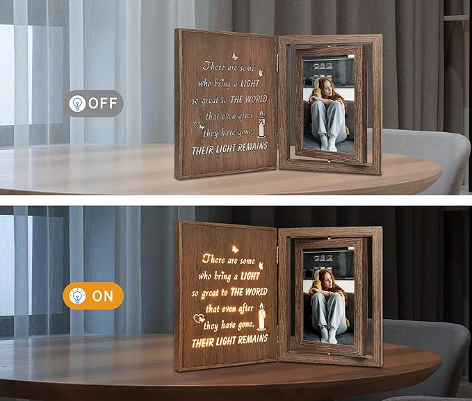 Rotating Wooden Memorial Picture Frame with Light Up Quote – Sympathy Gifts for Loss of Loved One, Bereavement Grief Condolences Gifts with 2 4x6 Inch