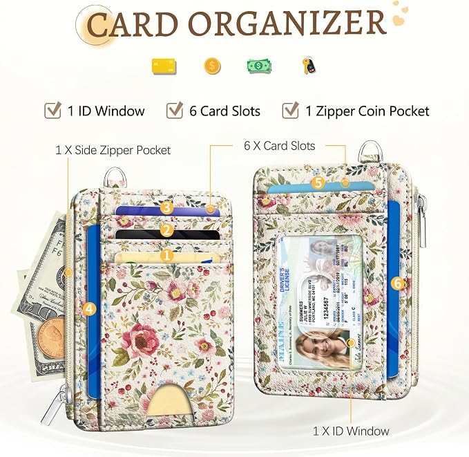 Kelvoris Credit Card Holder Small Wallet Women, Slim RFID, Flower | Keychain, Zipper Coin Pocket, Front Pocket Thin Travel Card Case, Minimalist, 6 Card Slots, 1 ID Window, Ladies Gifts Woman