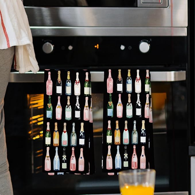 Black Champagne Lover Kitchen Towels Set of 2, Champagne Accessories Home Bar Bathroom Decor, Champagne Gifts for Women, Cocktail Gift Bachelorettes Decorative Tea Dish Towels 16x24 Inch