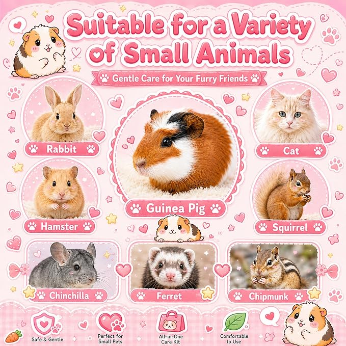 Guinea Pig Brush Kit Hamster Cleaning Grooming Comb with Nail Clipper Trimmer, Nail Files - Professional Small Animal Grooming Tool for Rabbit, Bunny, Puppy, Kitten, Ferret