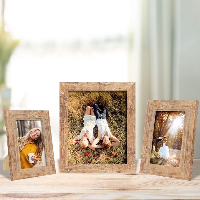 iRahmen 4x6 Picture Frame Set of 4, High Definition Real Glass Rustic Brown Frame, 4 x 6 Wood Photo Frames for Tabletop Display and Wall Mounting
