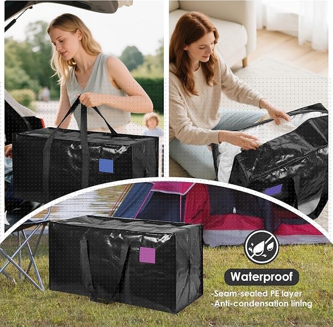 6 Pack Extra Large Heavy Duty Moving Bags with Reinforced Zipper & Wide Handles, Moisture-Resistant Storage Bins Packing Cubes for Clothes, College Dorm, Travel, and Home Organization, Black
